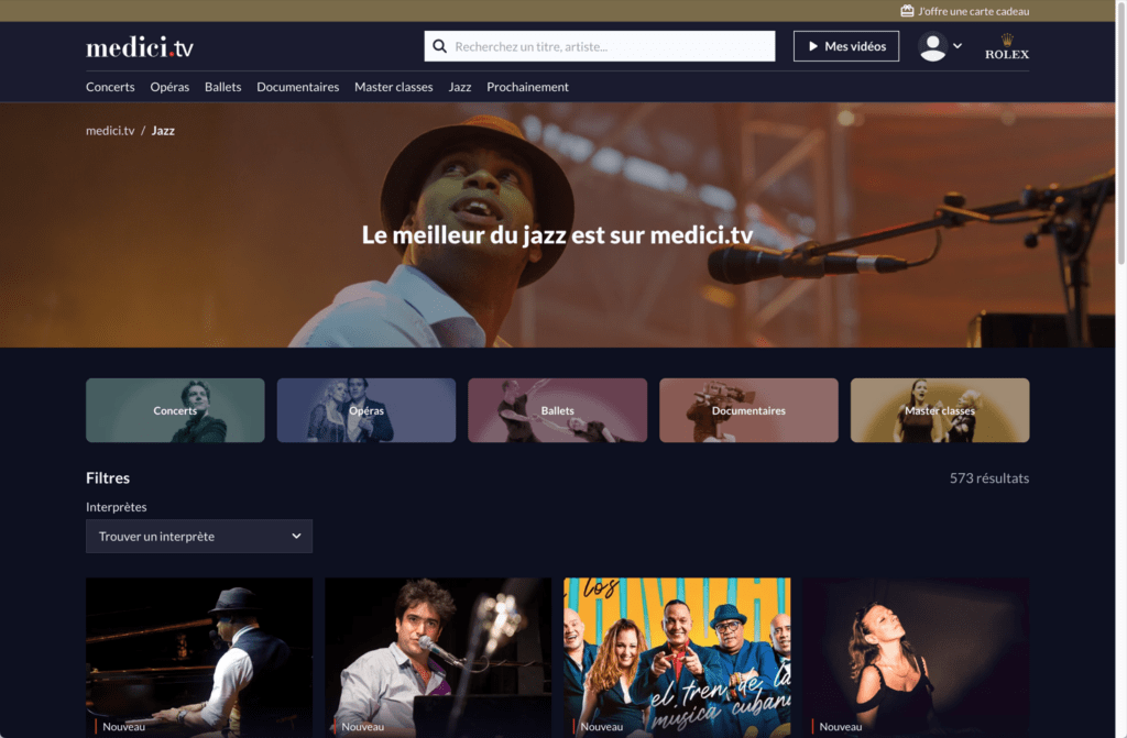 Page d'accueil de medici.tv, section jazz.