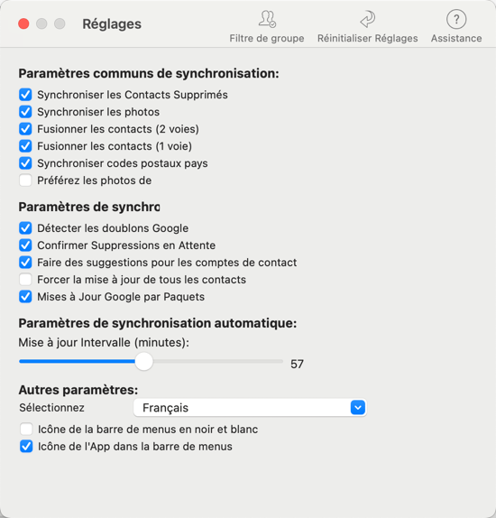 Capture d'écran des réglages de synchronisation.