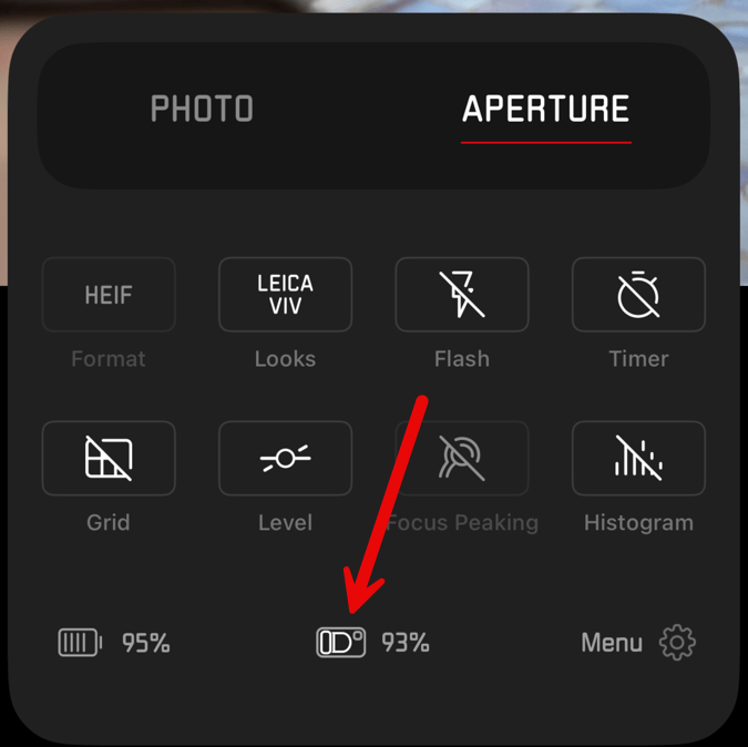 Interface caméra avec paramètres et batterie 93%