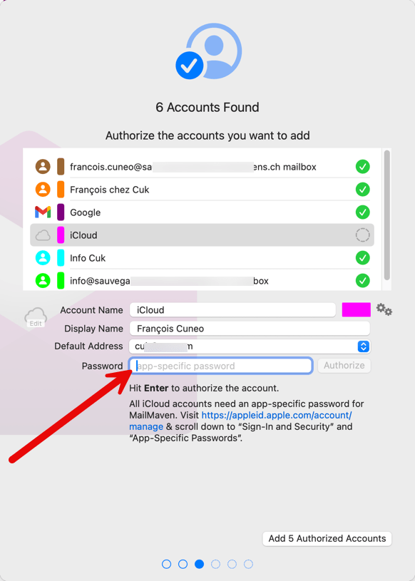 Fenêtre d'autorisation de comptes multiples avec iCloud sélectionné.