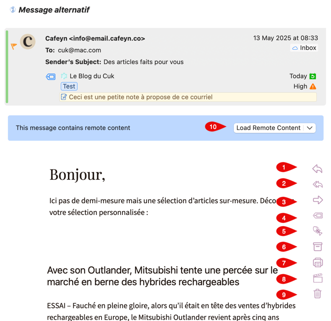 Email sur articles personnalisés et Mitsubishi Outlander hybride.