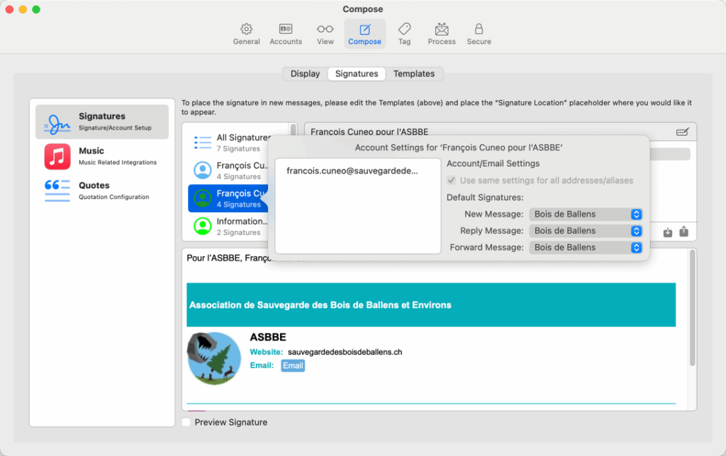 Paramètres de signature email pour ASBBE.