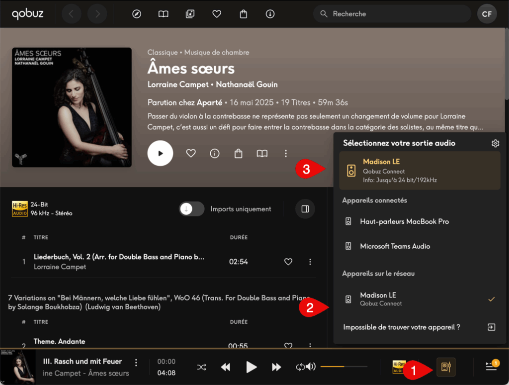 Interface Qobuz avec album "Âmes soeurs".