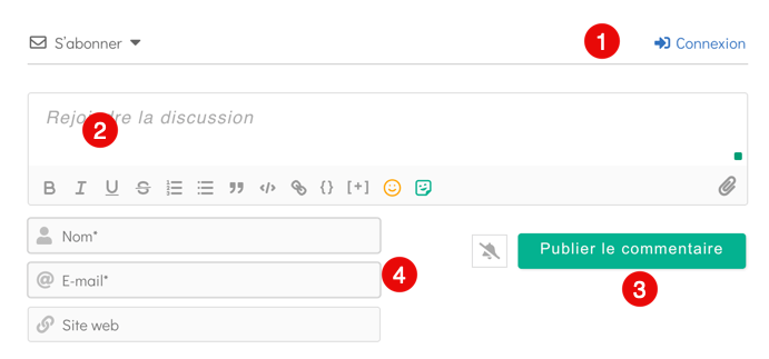 Formulaire commentaire avec nom, email, connexion.