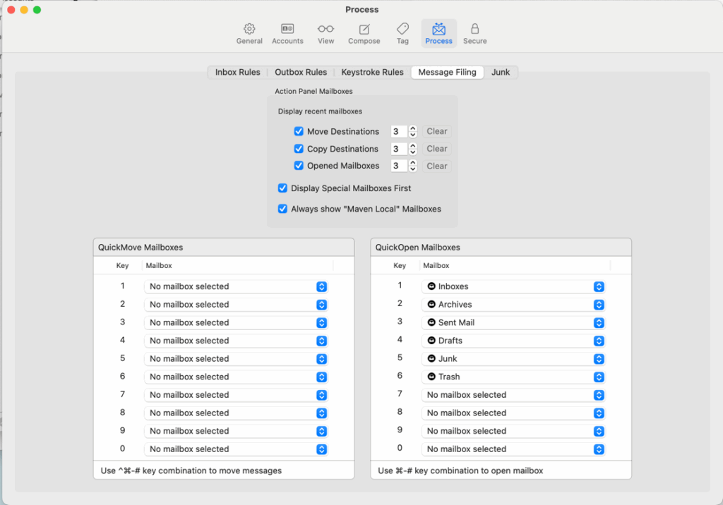 Interface configuration de boîtes aux lettres dans l'application.