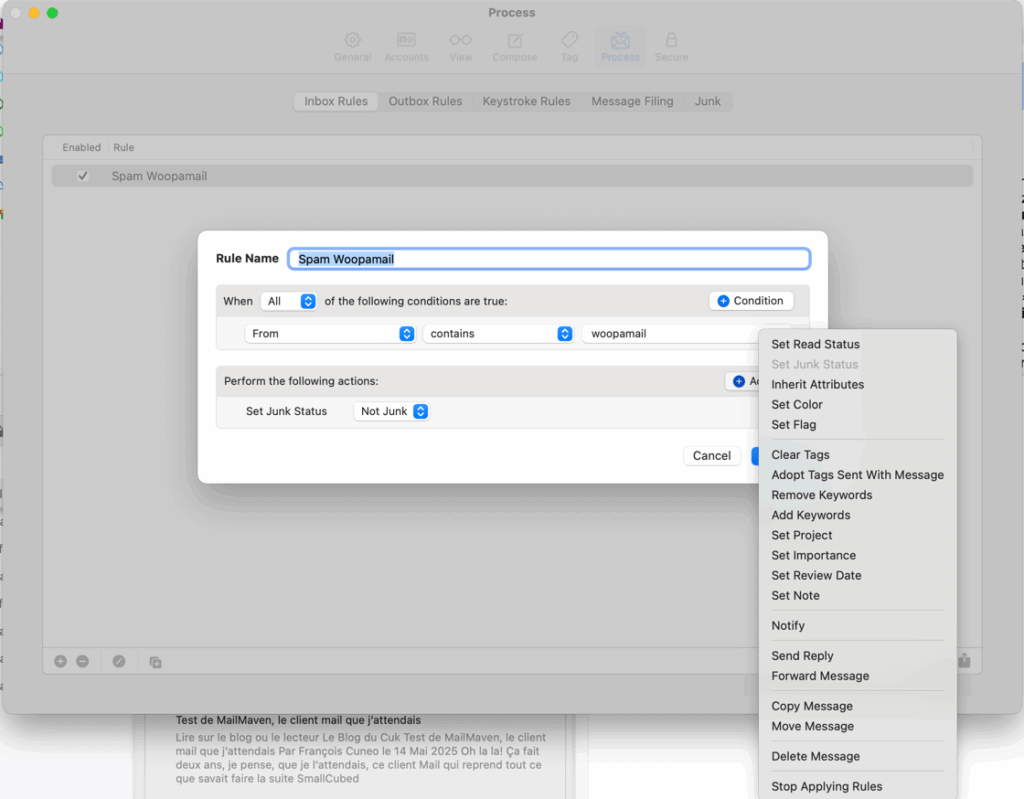 Configuration de filtre anti-spam Woopamail.