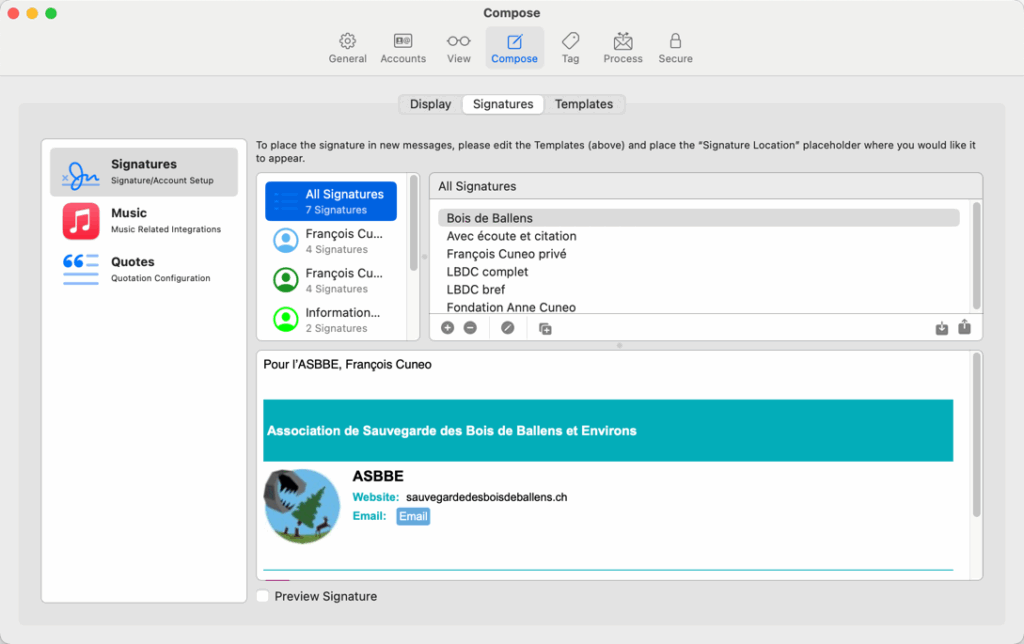 Interface de gestion des signatures d'e-mail.