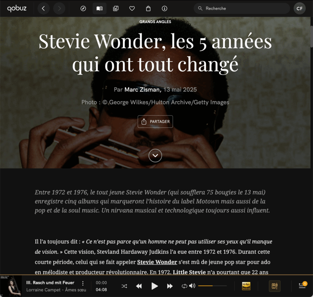 Article sur Stevie Wonder et sa carrière musicale.