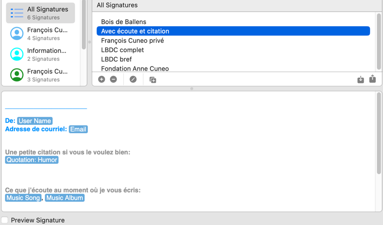 Menu de signatures email avec options personnalisables.