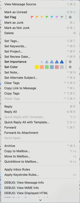Menu contextuel d'un logiciel de messagerie.