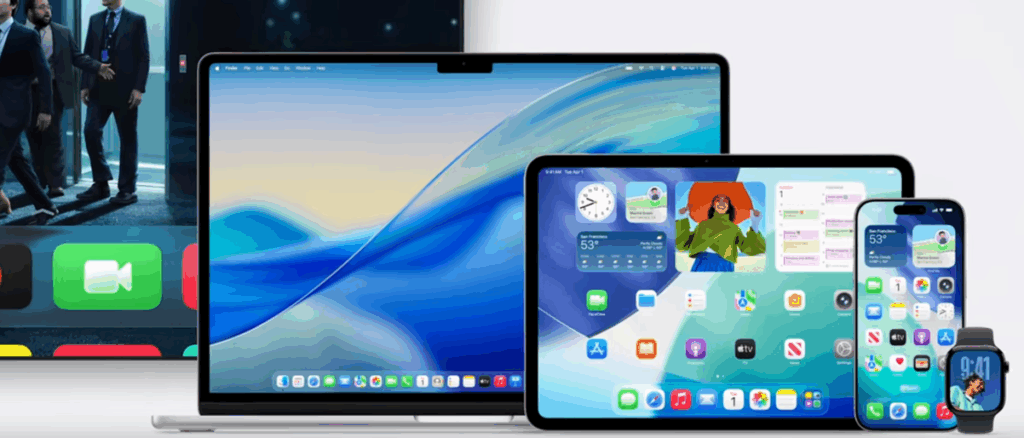 Appareils Apple : iMac, MacBook, iPad, iPhone, Apple Watch.