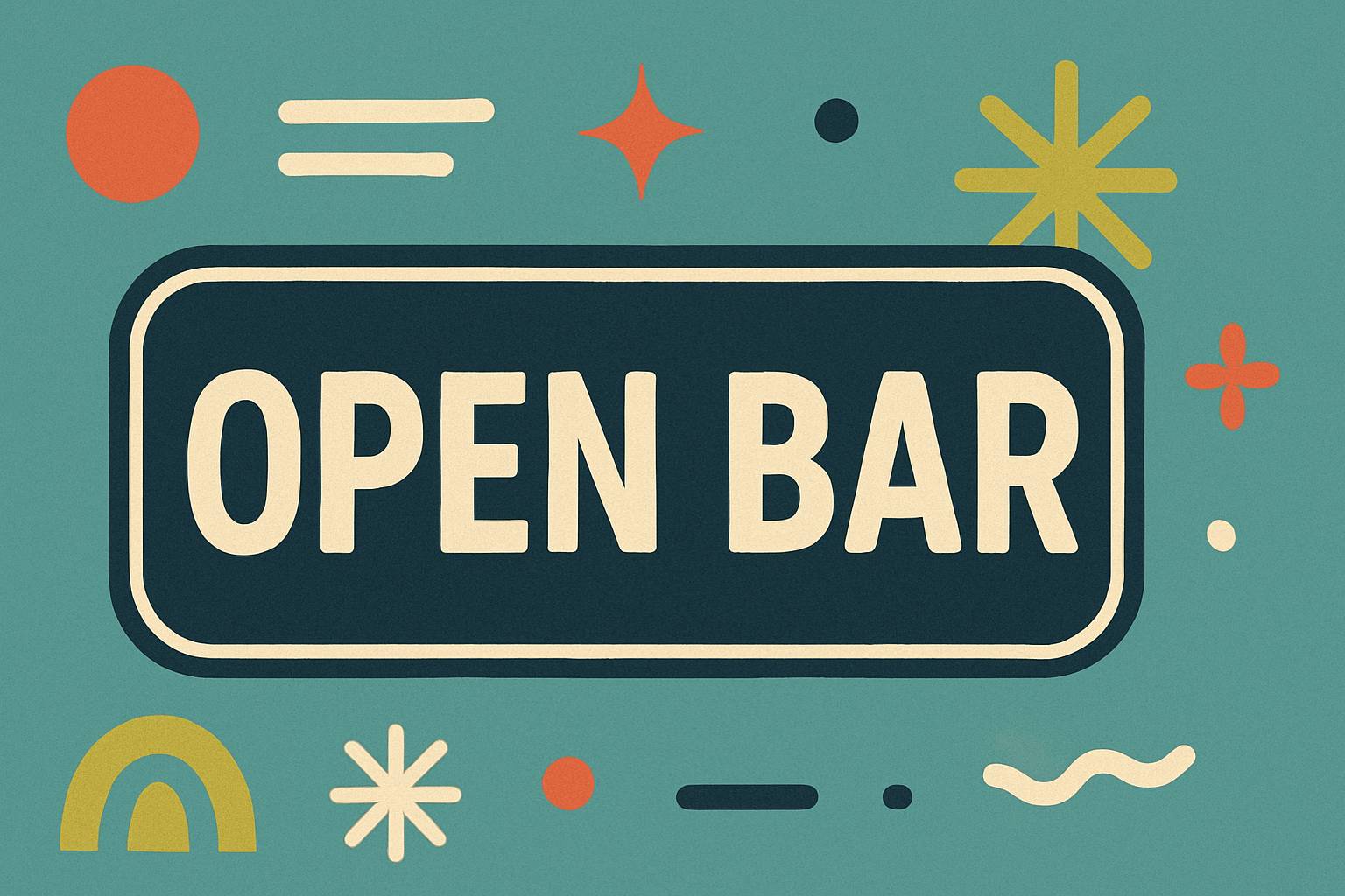 Enseigne colorée, texte 'OPEN BAR'.