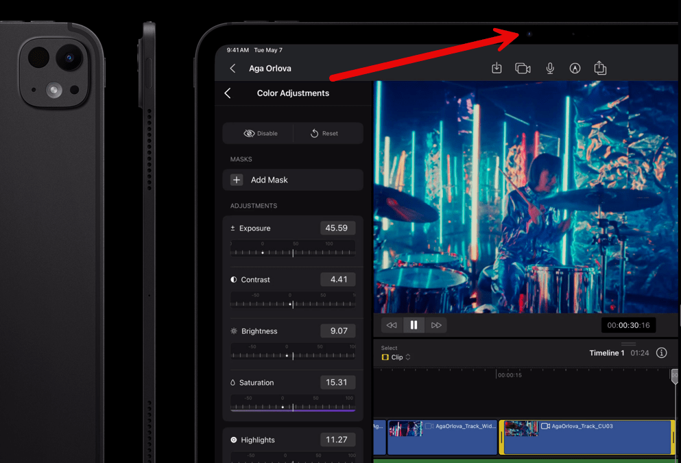 Interface de montage vidéo avec batteur sur écran.