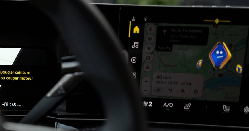 Navigation GPS dans une voiture électrique, ceinture alertée.