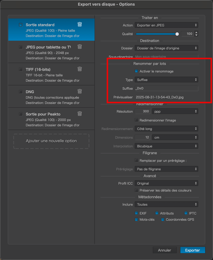 Paramètres d'exportation d'image avec options de renommage.