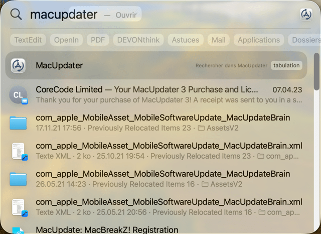 Fenêtre de recherche MacUpdater sur Mac