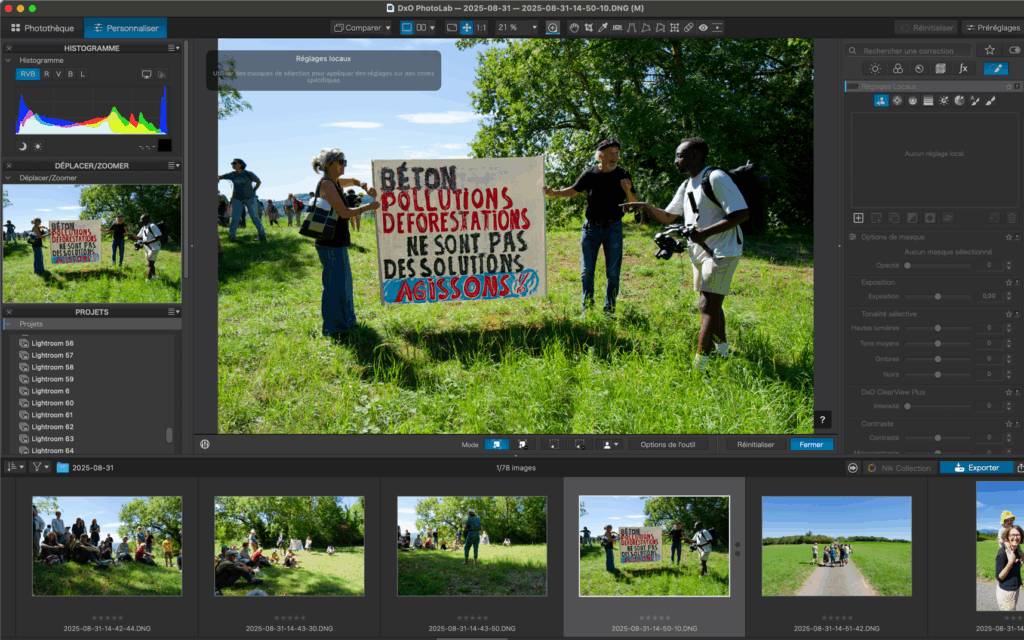 Manifestation avec pancarte contre la déforestation et pollution.