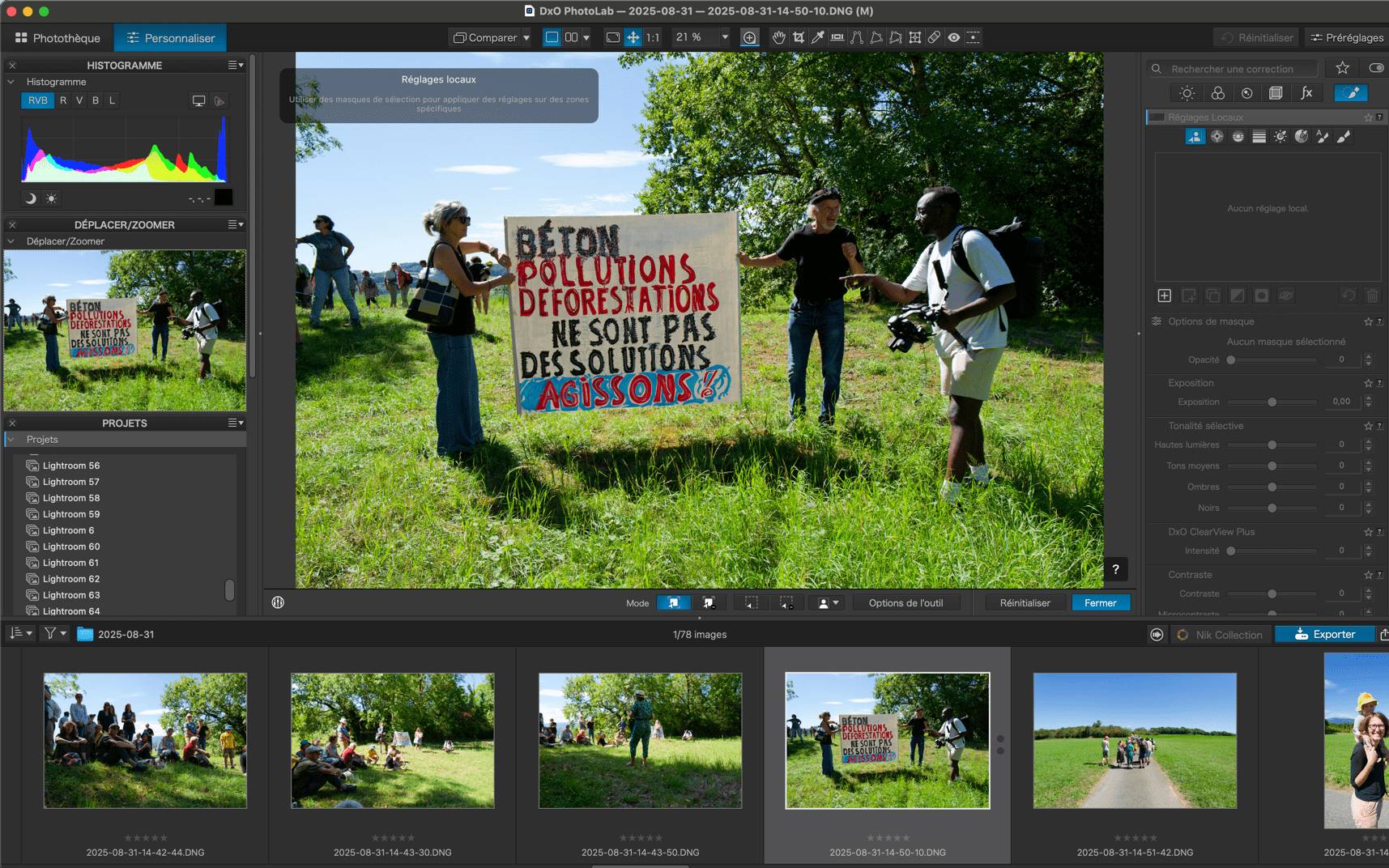 Manifestation avec pancarte contre la déforestation et pollution.