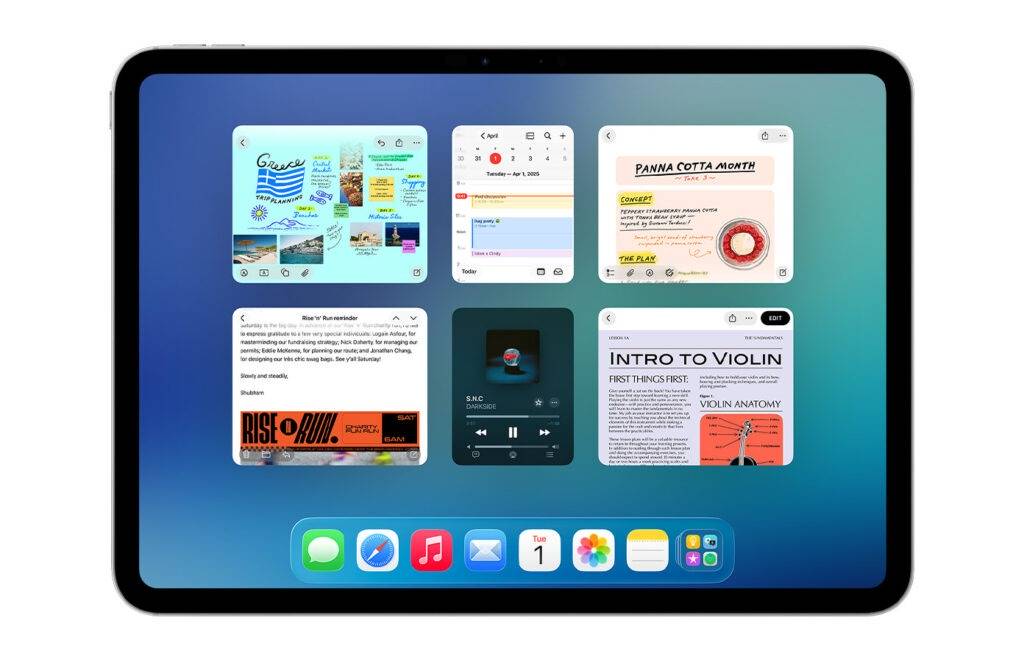 Écran d'accueil d'une tablette avec applications ouvertes.