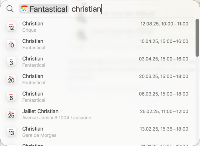 Calendrier Fantastical recherche événements nommés Christian.