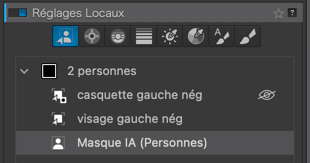 Interface de réglages locaux avec options de masque IA.