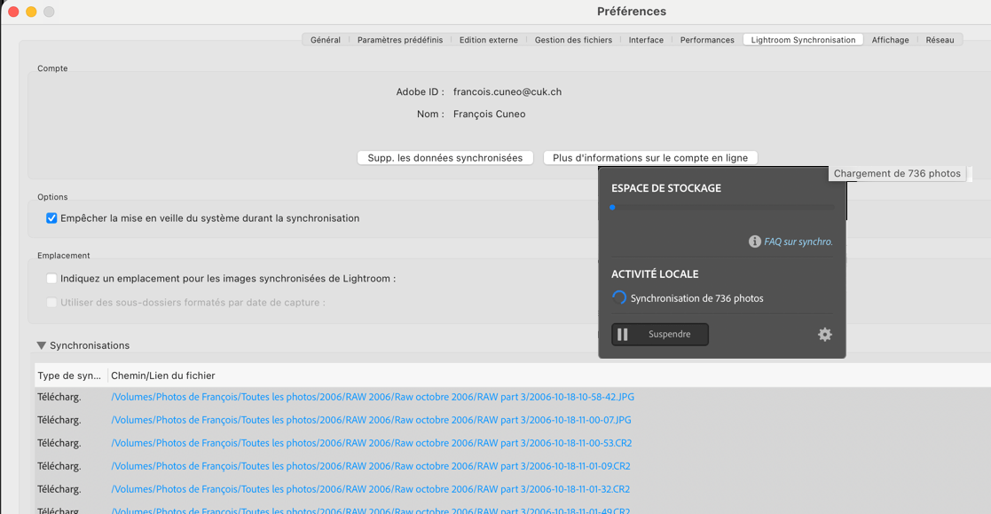 Capture d'écran des préférences de synchronisation Lightroom.