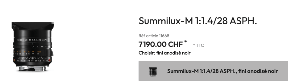 Objectif Summilux-M 28mm noir, prix 7190 CHF.