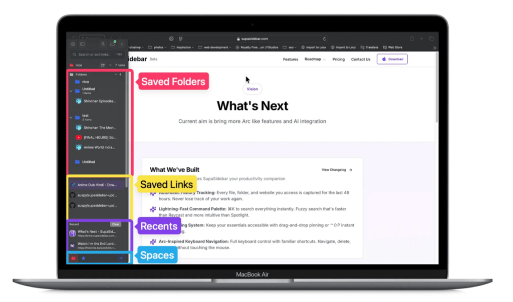 Interface utilisateur de gestion de dossiers et liens.