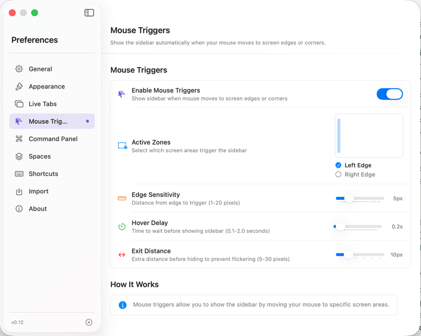 Paramètres de déclenchement souris dans application préférences.
