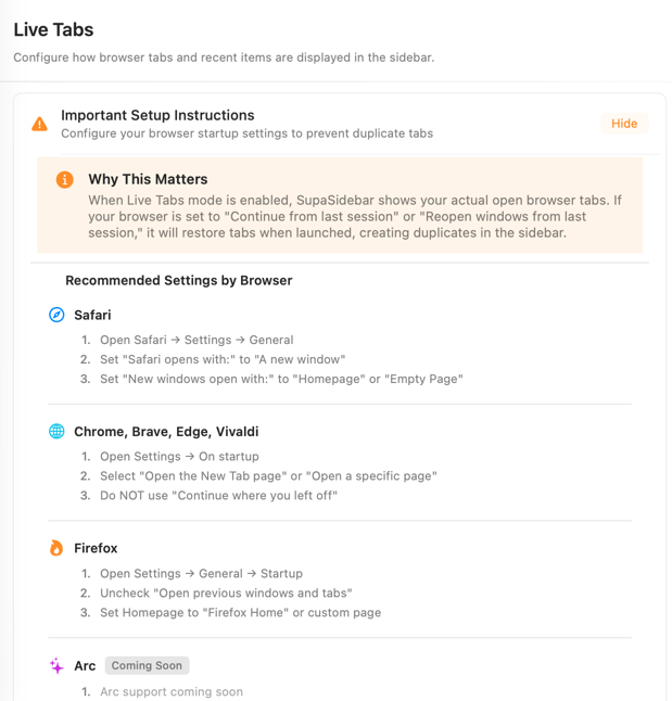 Instructions pour configurer les onglets de navigateur.