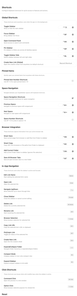 Raccourcis clavier pour navigation et intégration dans l'application.