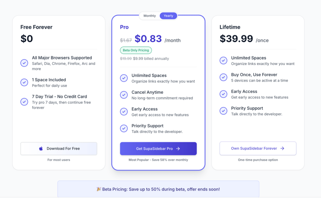 Tableau comparatif des forfaits SupaSidebar.