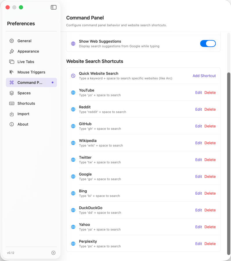 Panneau de commandes avec raccourcis de recherche web.