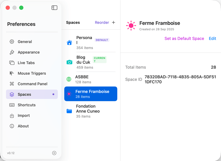 Fenêtre de préférences des espaces de stockage.