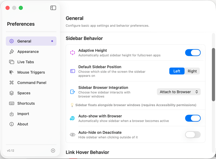 Fenêtre des préférences avec options de barre latérale.