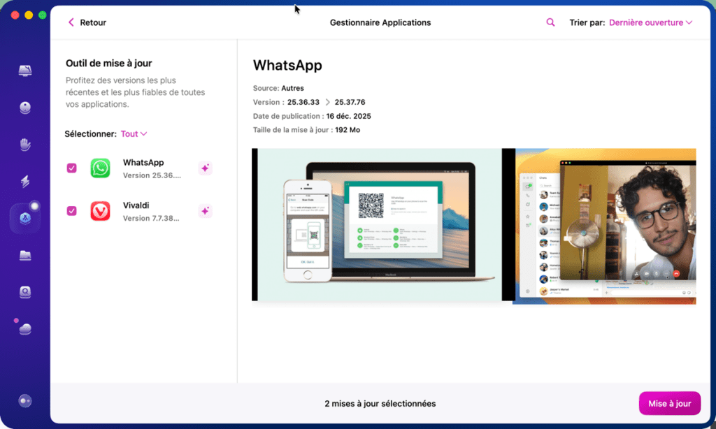 Interface de mise à jour d'applications sur ordinateur.