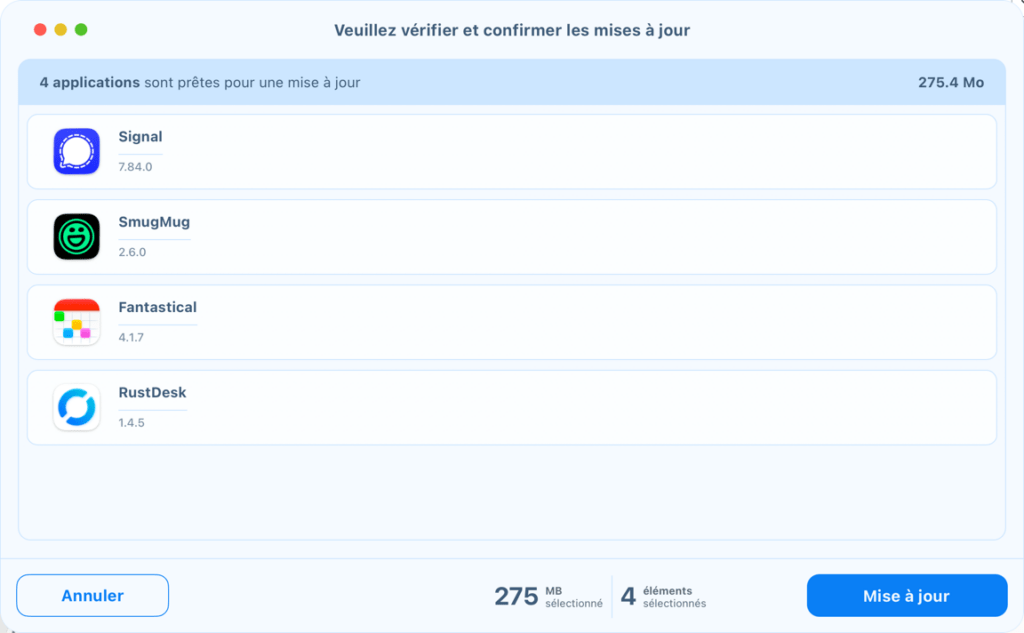 Fenêtre mises à jour applications sur Mac.