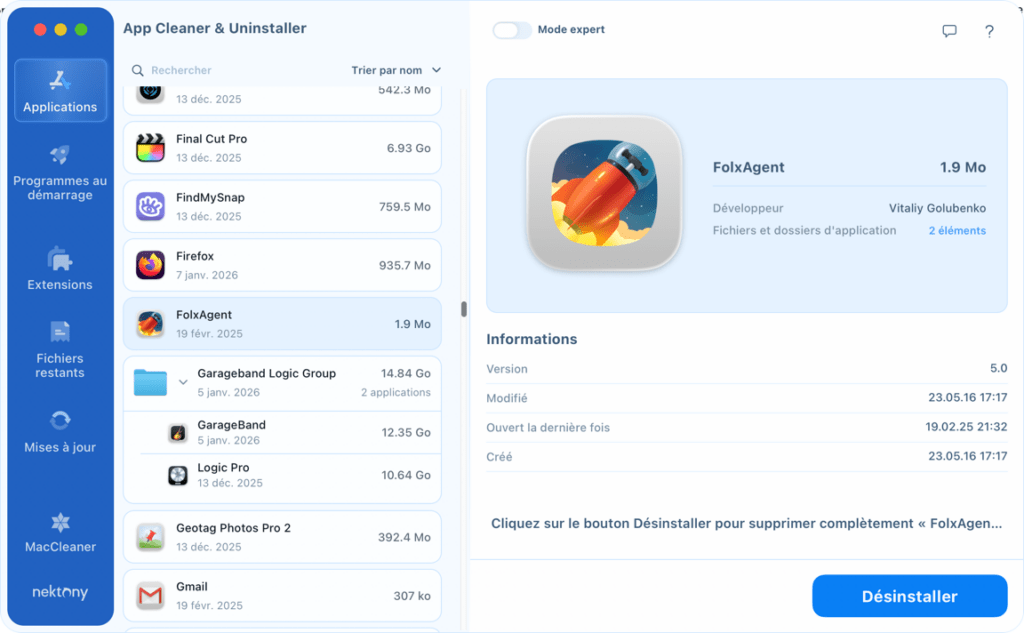 Interface de désinstallation d'applications sur Mac.