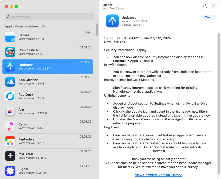 Capture d'écran d'une application de gestion de mises à jour.