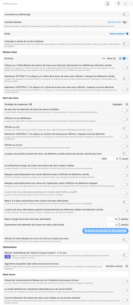 Capture d'écran des préférences de la barre de menu.