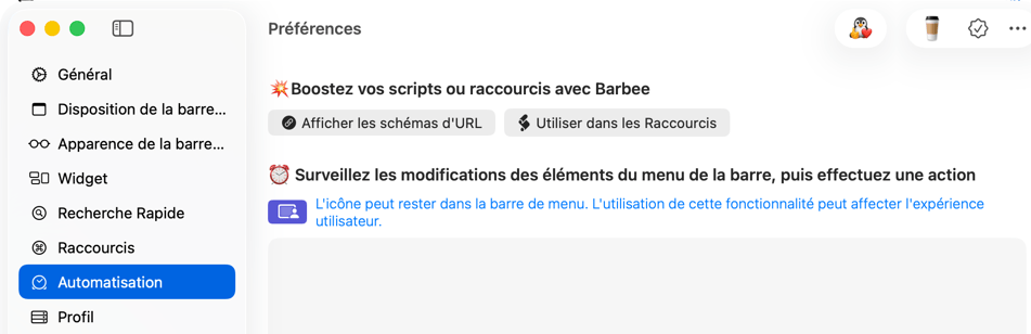 Préférences d'automatisation et personnalisation des raccourcis.