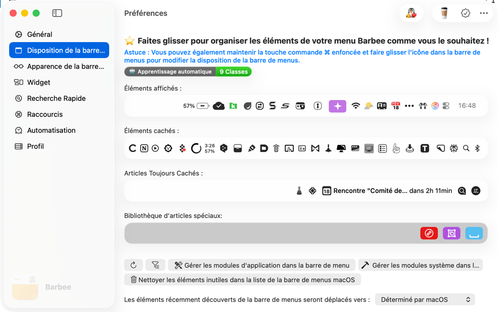 Fenêtre de réglages de la disposition de la barre.