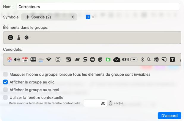 Paramètres d'affichage des groupes d'icônes MacOS.