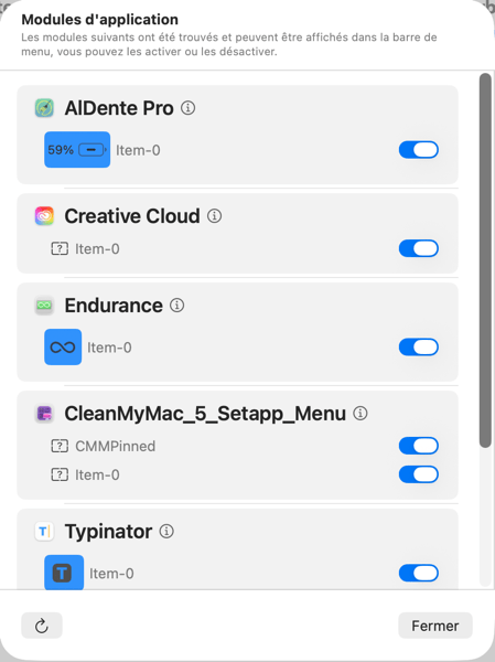 Liste des modules d'application activés sur Mac.
