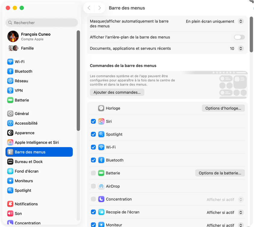 Paramètres de la barre des menus sur Mac.