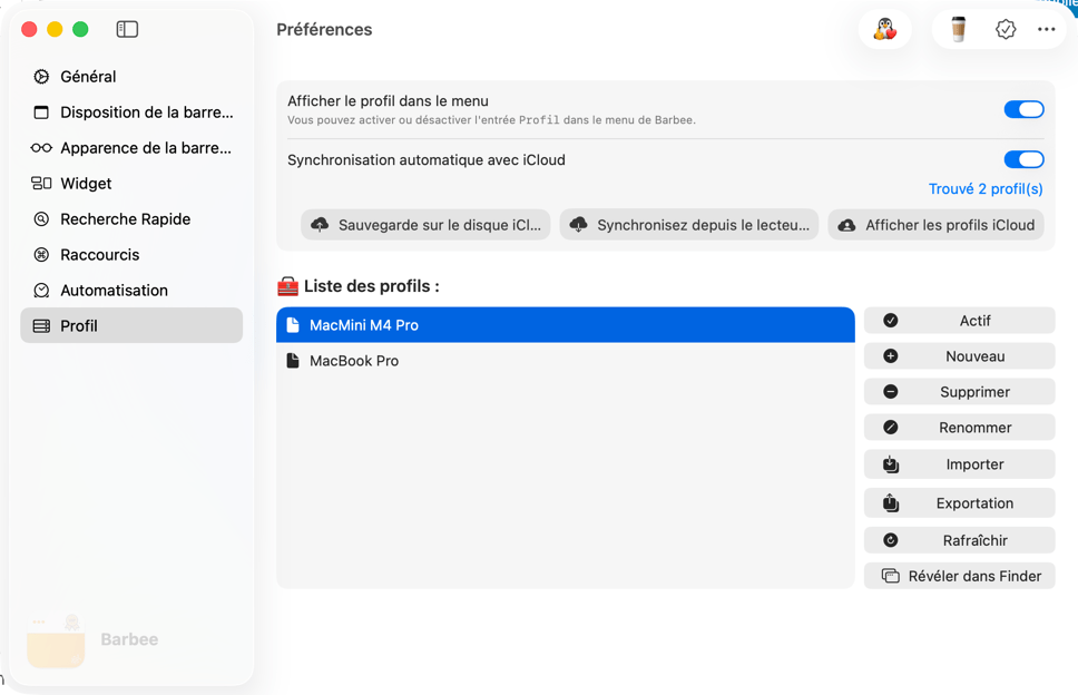 Vue des préférences de profil appareil Mac.