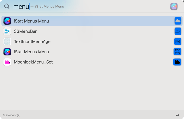 Recherche de menus d'application sur MacOS.