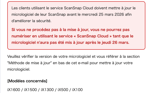 Notification de mise à jour ScanSnap Cloud