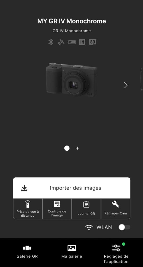 Interface utilisateur de l'appareil photo GR IV