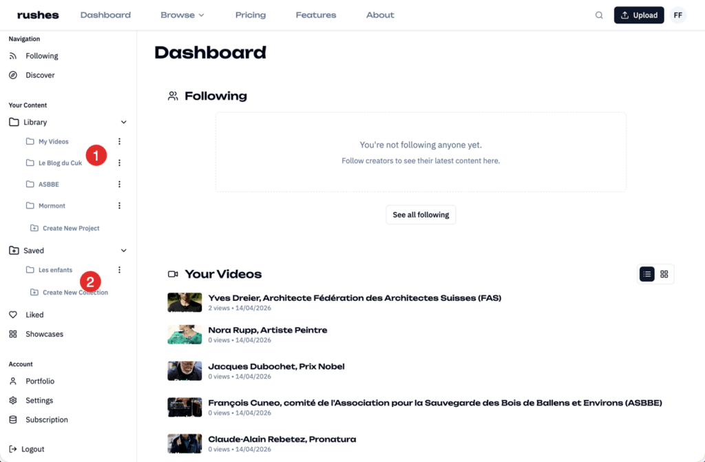 Interface tableau de bord avec liste de vidéos